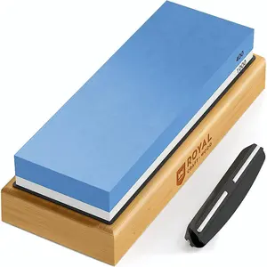Royal Craft Wood Premium Whetstone Sharpening Kit, 2 Side Grit 1000/6000 Waterstone - Professional Grade Whetstone Set with Knife Sharpening Angle Guide and Non-Slip Bamboo Base (White/Blue)