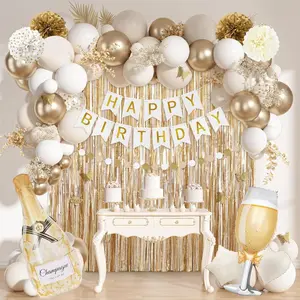 White Gold Birthday Party Decorations Kit for Women Girls, Happy Birthday Banner, Sand White Metallic Gold Foil Confetti Balloons, Fringe Curtain, Cake Topper, Pompoms, Butterfly Supplies