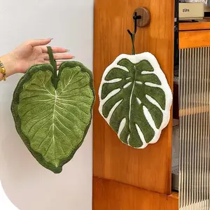 2-Piece Thick Durable Coral Fleece Monstera Leaf Hand Towels, Boho Outfits Decorative Cloths with Hanging Loop for Single Hand Towel Hangs, Water Absorbent Home Care Cleaning Cloths for Bathroom, Kitchen