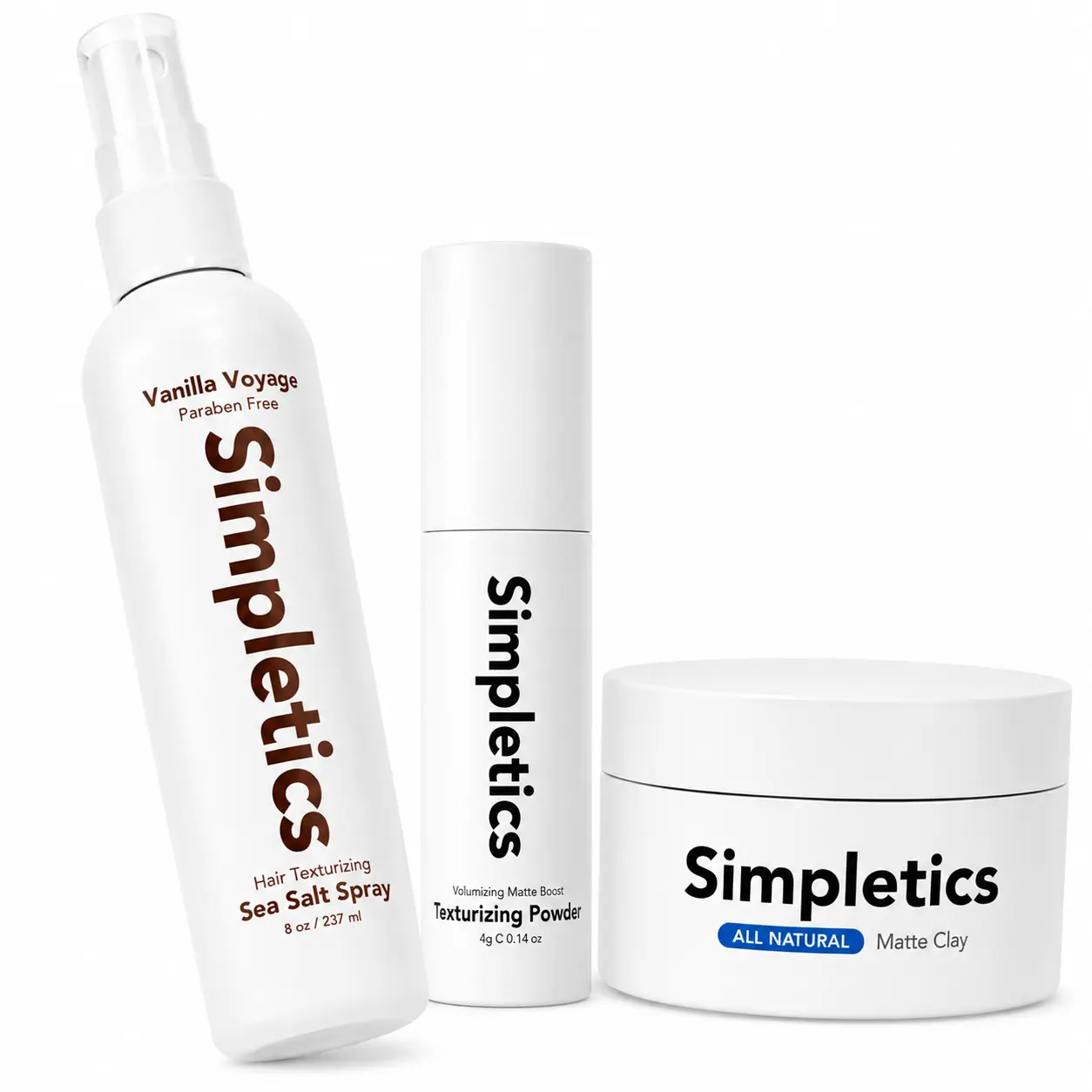 Simpletics Complete Haircare Styling Essentials Kit - Plant-Based Pink Himalayan Salt Spray Bottle, Fragranced Shea Texture Powder, Mousse, Gel for Adults' Daily Natural Volume & Lightweight Matte Finish with Gum Arabic