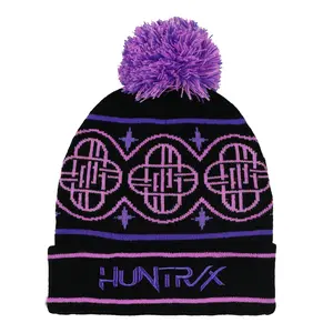 K-Pop Demon Hunters Beanie HUNTR/X Embroidered Women's Pom Knit Cuff Cap Hat Hunter Logo OSFM