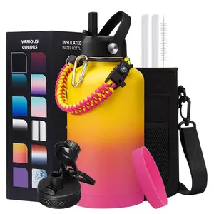 Insulated Water Bottle 64oz with Straw & Auto Spout Lid, Paracord Handle, Shoulder Carrier Bag,64 oz Water Jug Great for Sport Travel Gym Hiking Biking