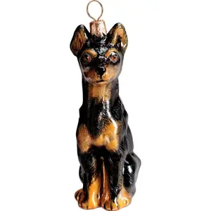 Joy to the World Miniature Pinscher Black Sitting Dog Polish Glass Christmas Ornament Decoration