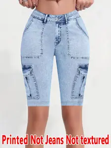 Women's Printed Skinny Pants Non-Denim Fabric, Ladies Short Five-Pocket Bottoms, Faux Denim Print Base Pants for All Seasons