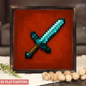 Pixel Diamond Sword Wall Art – Retro Game Canvas Poster, Gamer Room Decor, 8x8 Inch DIY Hanging Painting