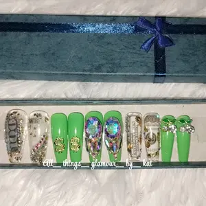 All Things Glamour by Kat Money Nails Set #2 Green Nail Art with Unique Designs and Decorations
