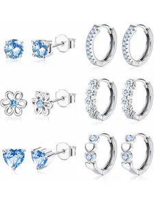 6 Pairs Small Earrings Set for Women Girls 925 Sterling Silver Post Studs and Hoop Earrings Set, Cute Zirconia Flower Heart Designs in Blue, Artificial Zircon Earrings
