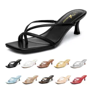 Athlefit Women's Strappy Kitten Heels Flip Flops Square Open Toe Low Heels Fashion Party Dress Thong Heeled Sandals Footwear Walking Shoes Summervibes
