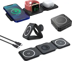 Charging Station for Apple Multiple Devices - 3 in 1 Foldable Magnetic Wireless Charger Dock - Travel Charging Pad for iPhone 15 14 13 12 Pro Max Plus Watch & Airpods