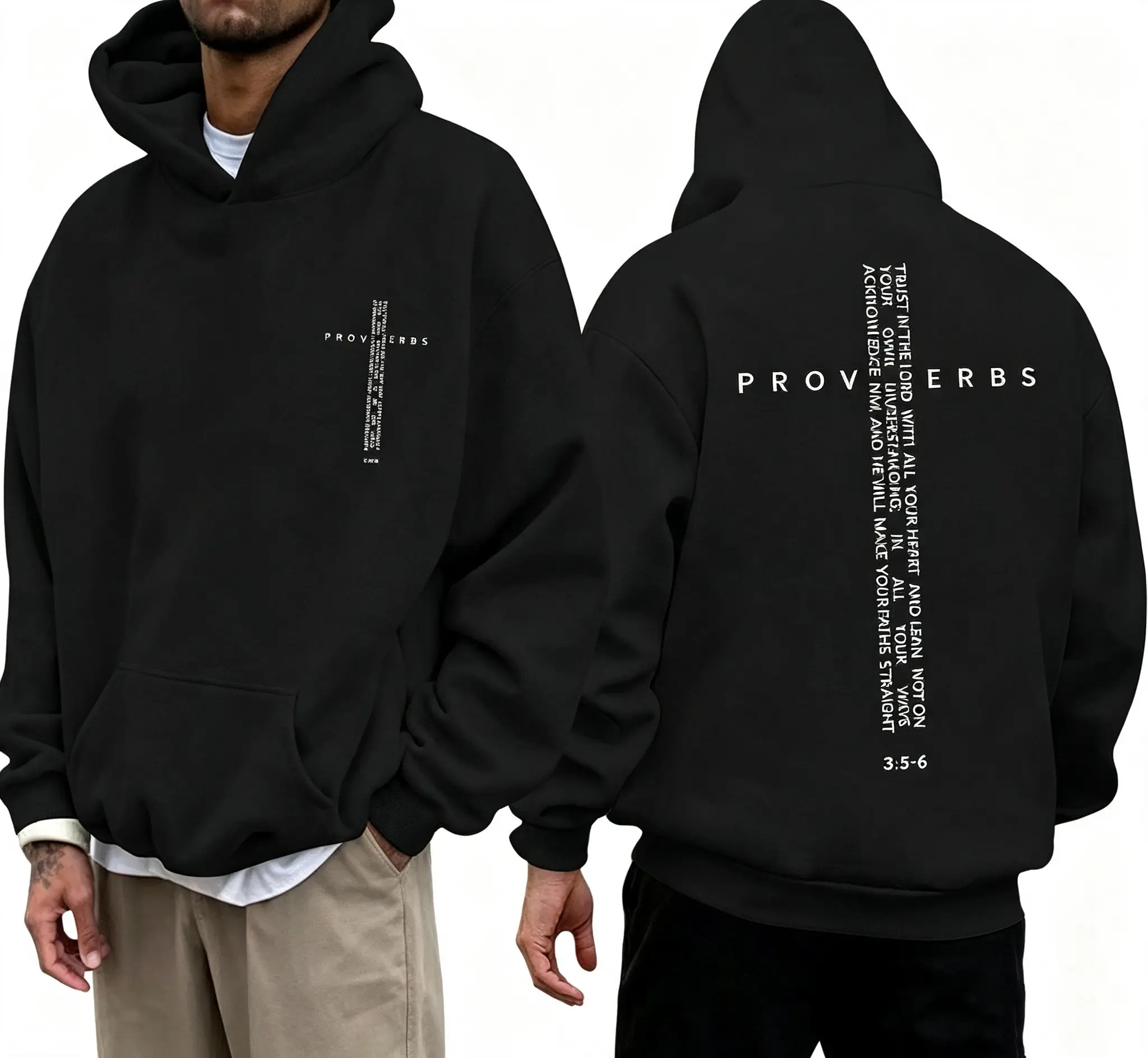 Proverbs 3:5-6 Cross Graphic Front & Back Print Pullover Hoodie, Oversized Unisex Sweatshirt for Men & Women, Vintage Christian Streetwear
