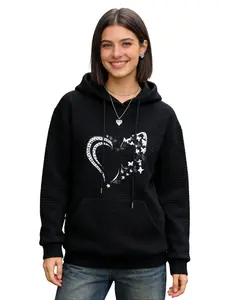 Women's Waffle Knit Heart Butterfly Hoodie – Long Sleeve Drawstring Hooded Sweatshirt ,Loose Fit Casual Pullover with Kangaroo Pocket, Soft Waffle Texture Hoodie Top