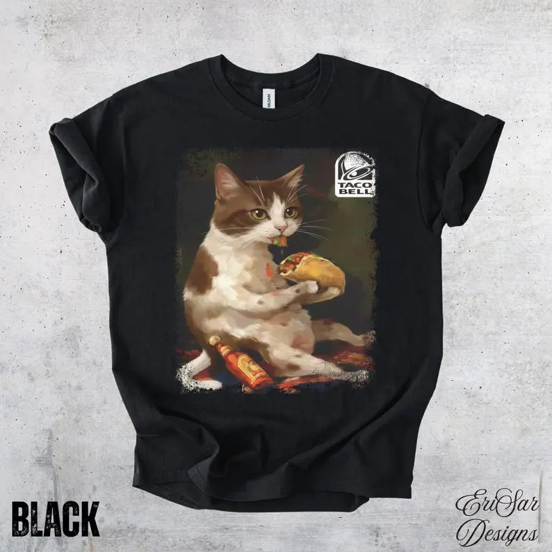 Cat Eating Taco T-Shirt | Taco Bell Logo, Vintage Style, Funny Food Tee, Funny Shirt
