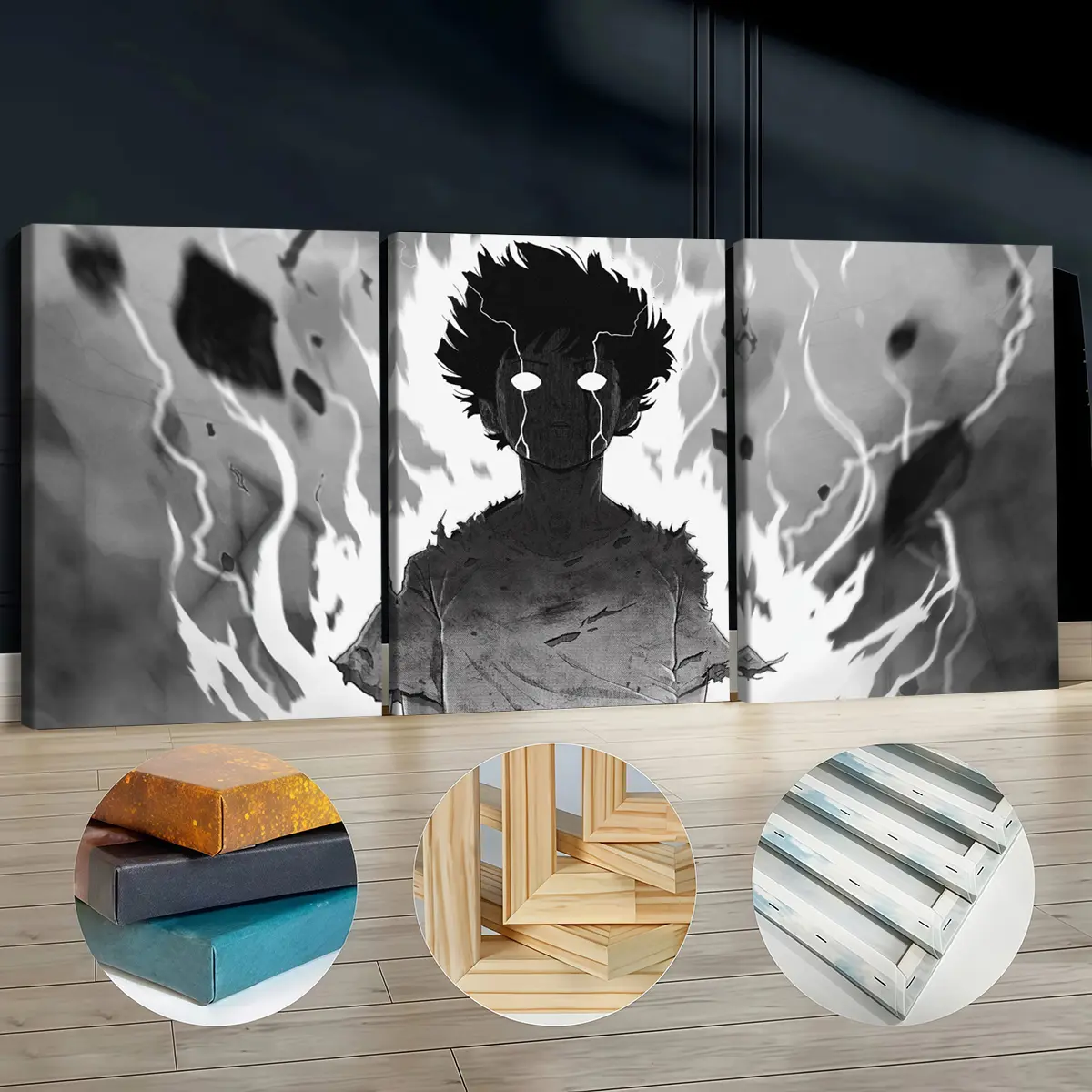 3Pcs Pine Wood-Framed Artwork Canvas Painting Set, Monochrome Anime Boy in Flames Wall Art, 30*40cm(11.8*15.7in) Odorless Decoration for Living Room, Bedroom Room Decor Home Supplies