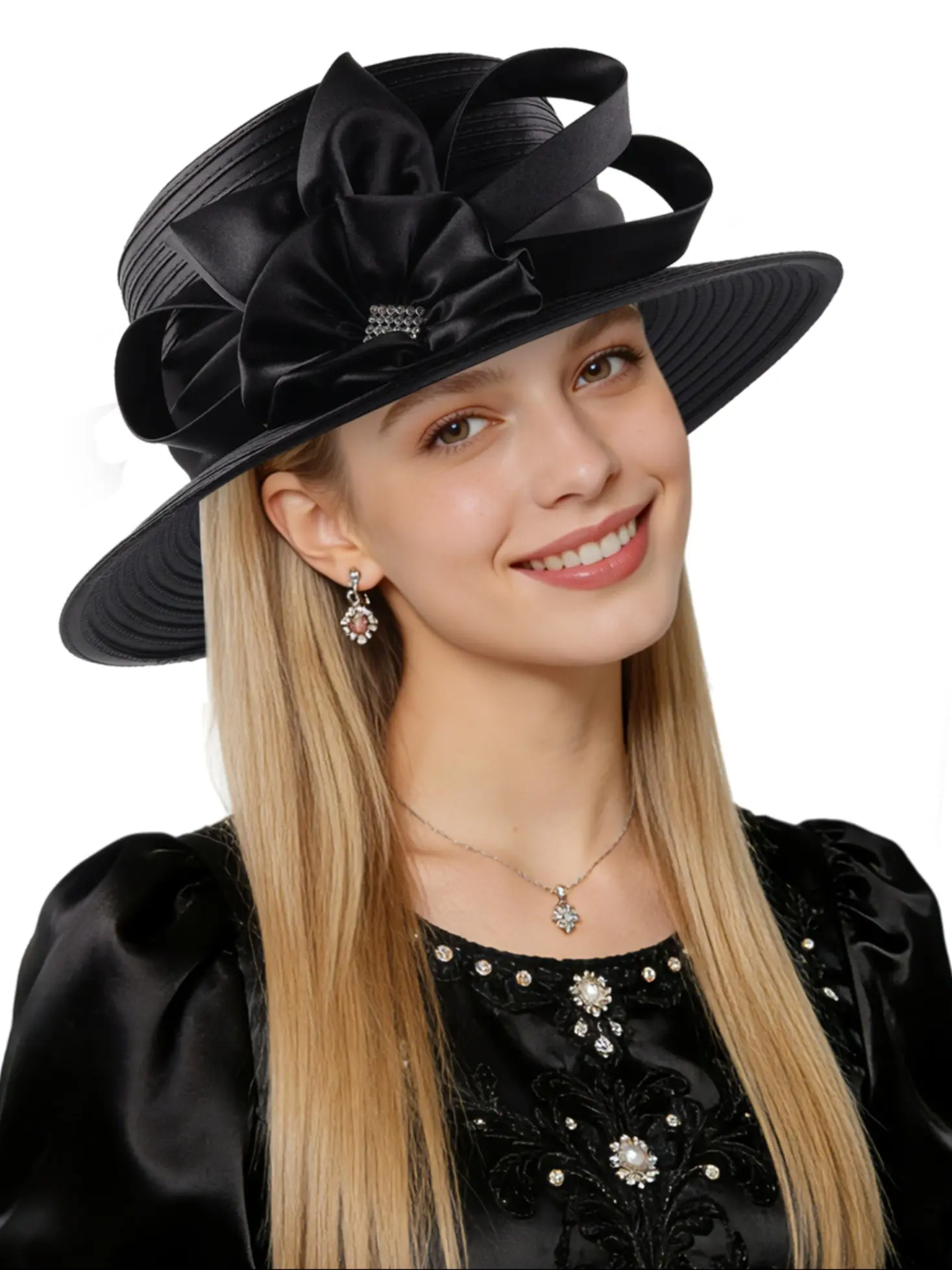 Women's Wide Brim Rhinestone Accents Church Hat Statement Fascinator for Wedding Chapel Baptist Sunday Service Elegant Hat with Bow Fashionable Hats