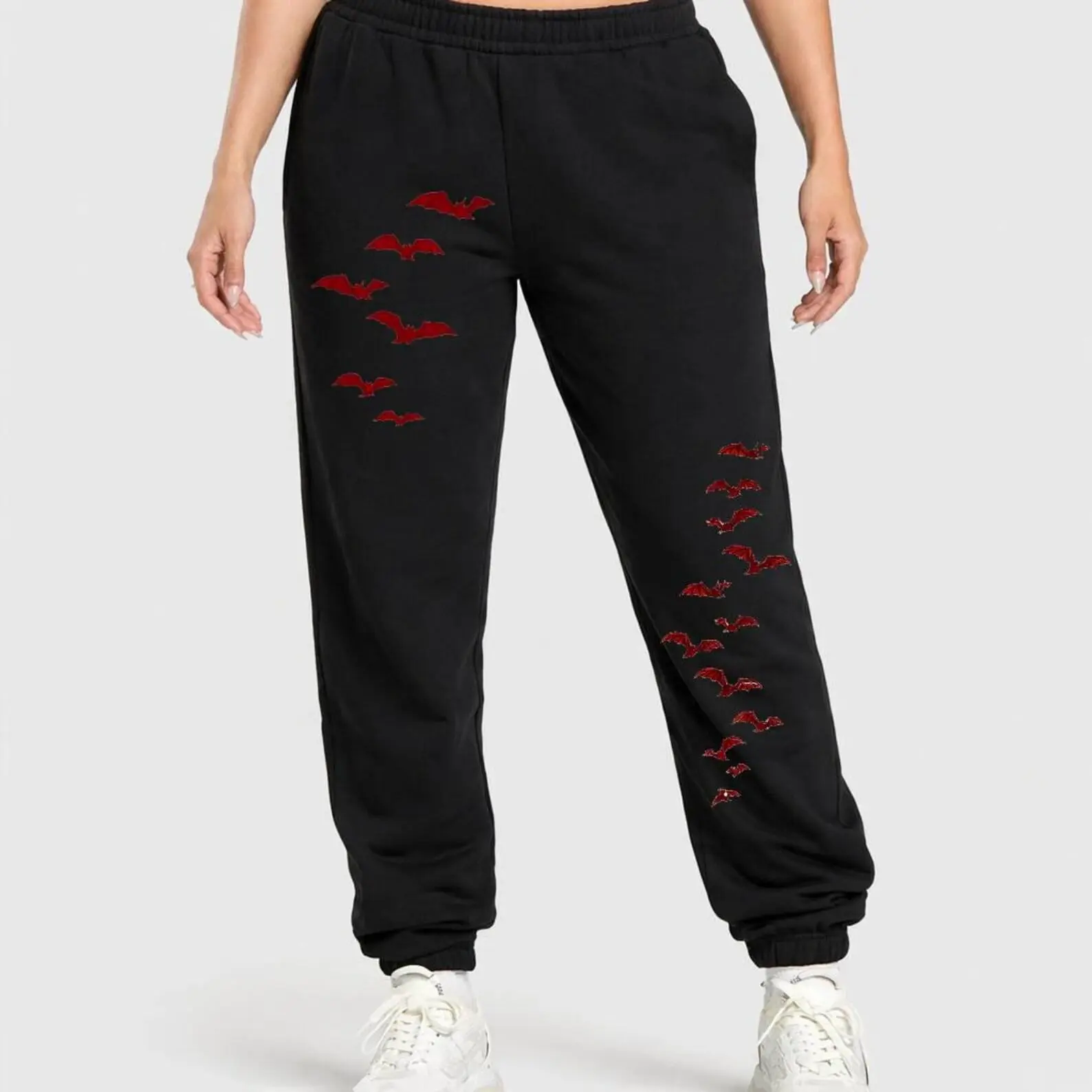 Gothic Bat Graphic Joggers, Gothic Streetwear Sweatpants, Red Bat Pants, Heavy Cotton Relaxed Fit, Retro Grunge Aesthetic, Unisex Alt Style