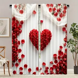Valentine Heart Arrow Print Curtains Set, home decoration curtain, Polyester Material, Rod Pocket Design, Light-Transmitting, All Seasons Use