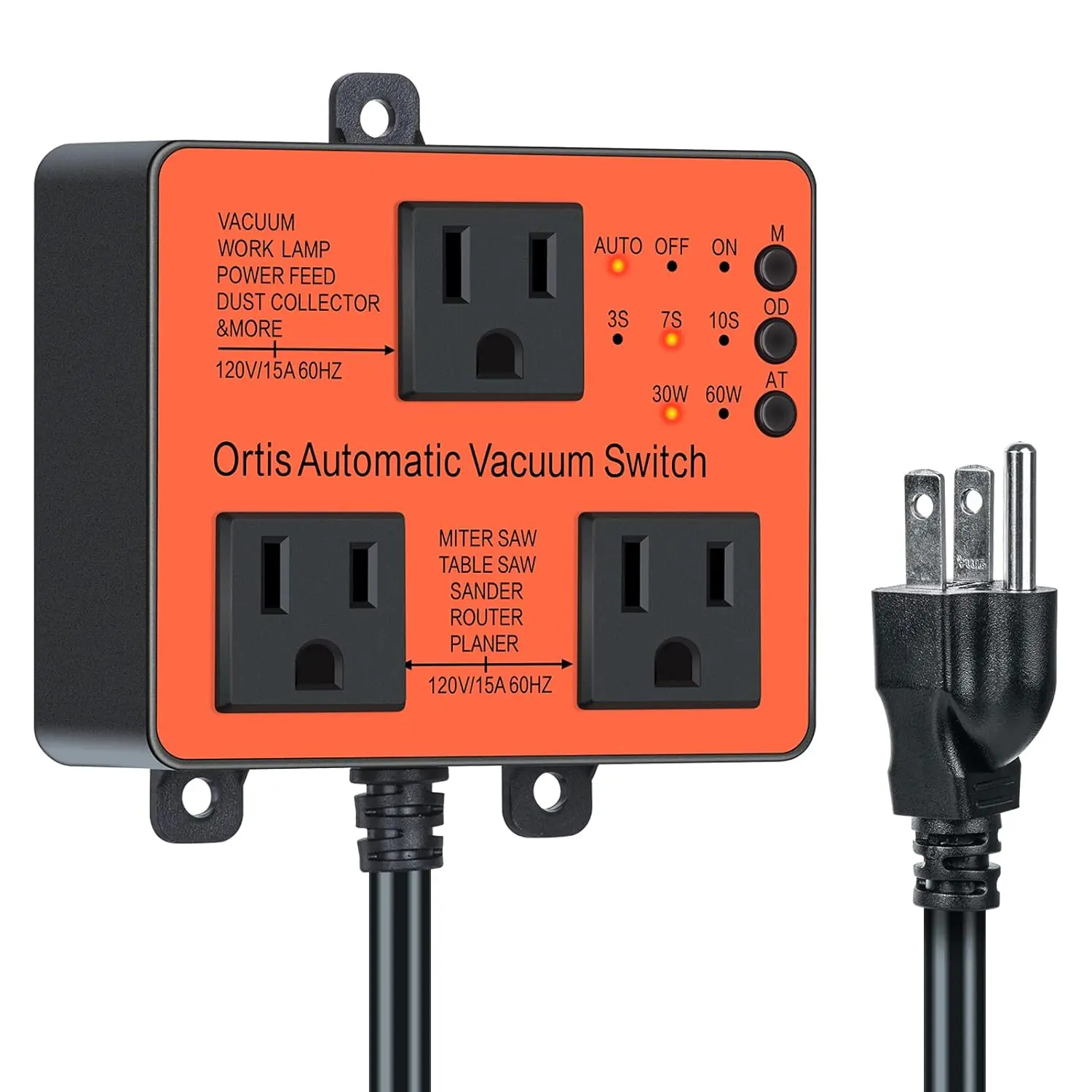 15A 50/60Hz UL-Certified Automatic Switch for Large Appliances - 2 Tool Outlets, Dust Control, Delay On/Off for Circuit Overload Prevention, Adjustable Actuation Threshold, PC+ABS V0 Grade Flame Retardant, Extends Service Life, Reduces Work Area Noise