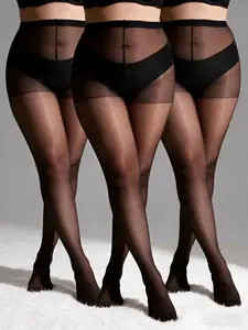 Plus Size 20D Nylon Pantyhose Tights for Women Ultra Stretchy Breathable Comfortable Daily Wear Sheer Anti Snag Black Nude 3 Pairs Womenswear