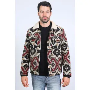 Mens Ethnic Aztec Quilted Fur Lined Black/Red Jacket