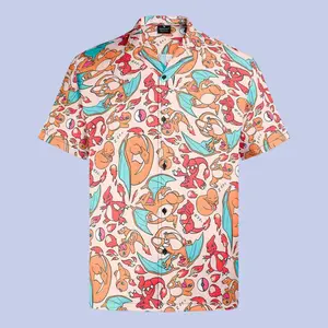 Charizard Charmander Hawaiian Shirt with Pokemon Motif - Chrismast Gift for fan, him, husband - Menswear, Fabric, Loose, Wood Button Pikachu