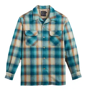 Pendleton Board Shirt Blue Multi Ombre Spring 24' Fitted Long Sleeve Plaid Casual Preppy Medium Length Wool Shirt