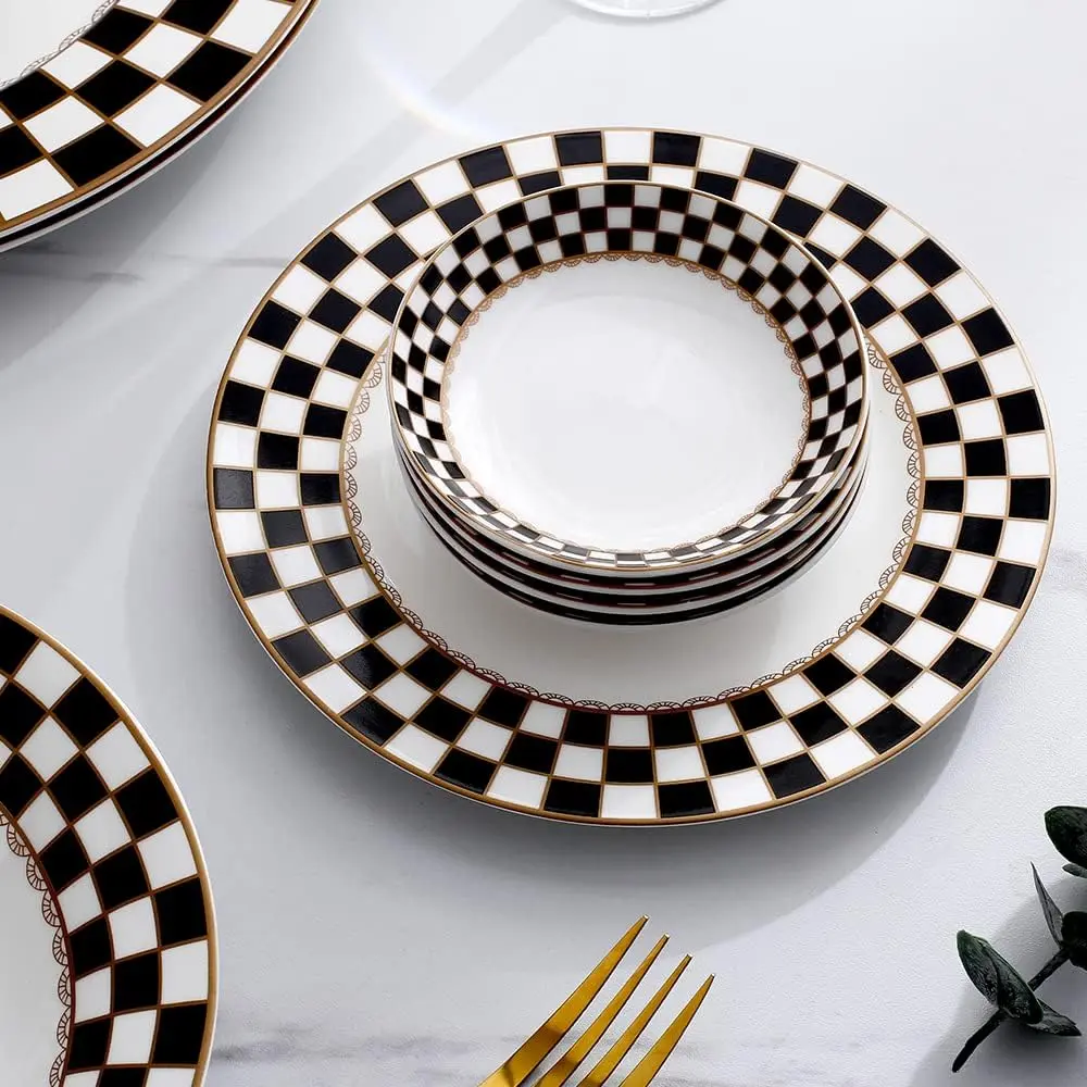 4-Person Sturdy Porcelain Checker Pattern Round Dinnerware Service Set - 20-Piece Portable Everyday Reusable Tableware Set with Plates, Bowls, Saucers, Cutlery