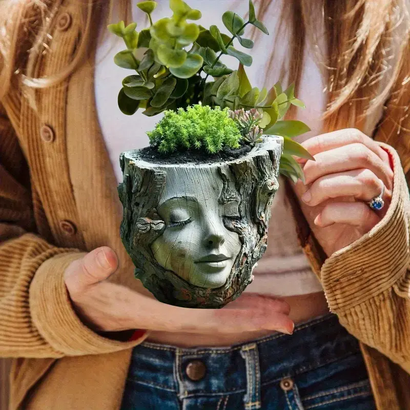 Handmade Girl Face Resin Planter, Planter Pots, Unique Pots, Wood Texture Design, Irregular Shape Indoor Outdoor Plant Holder, Home Garden Decor, Artistic Floral Stand