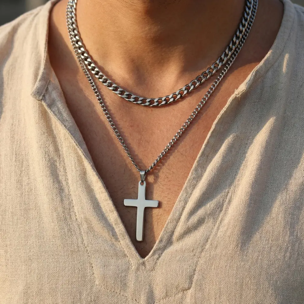 Men's Layered Necklace with Cross Pendant, Stainless Steel Double Cuban Link Chain Necklace, Hip Hop Style Stackable Jewelry, Fashion Statement Necklace Gift