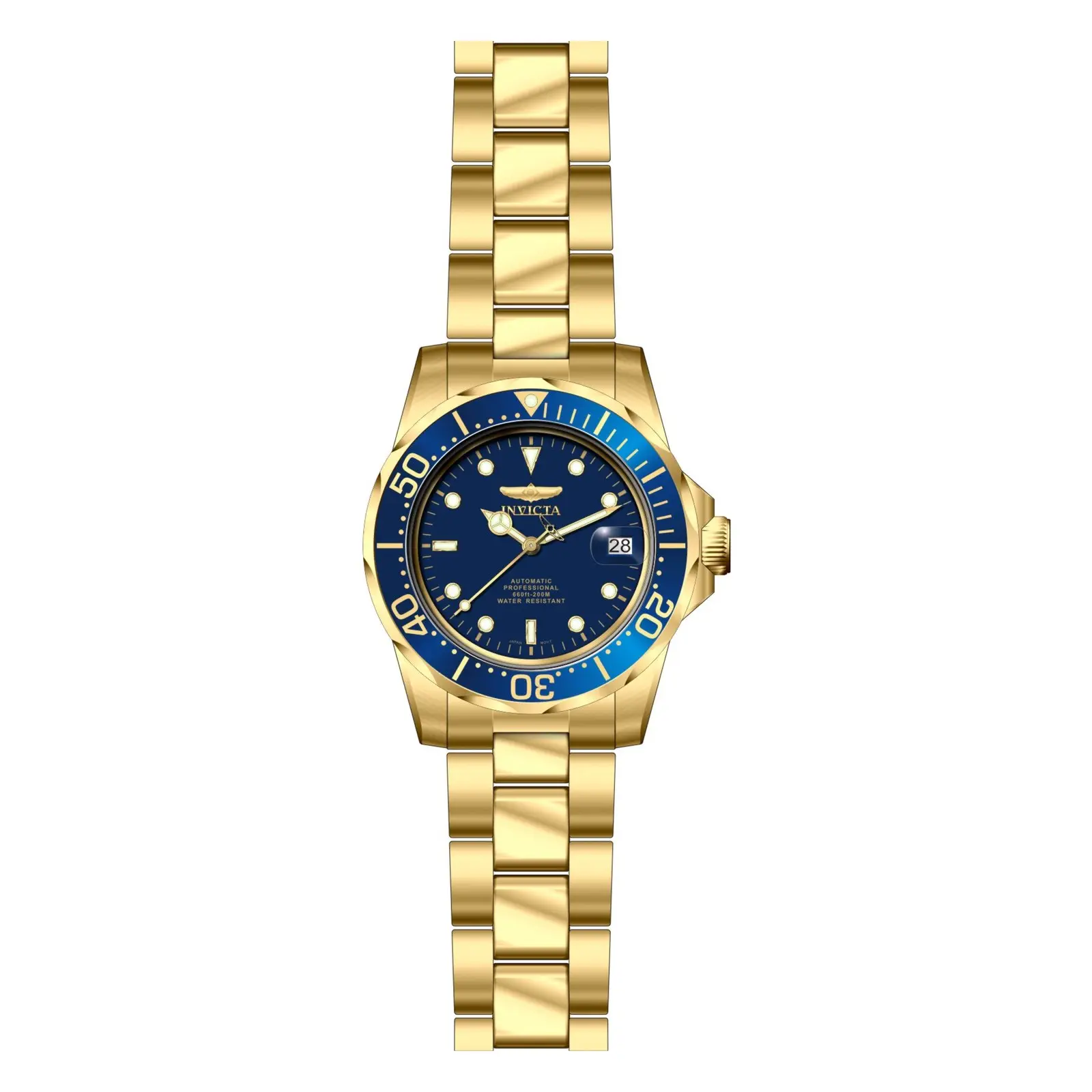 Gold Invicta Men's Pro Diver Automatic Watch - Bold Blue Dial Luxury Gold-Tone Statement Wristwatch for Men