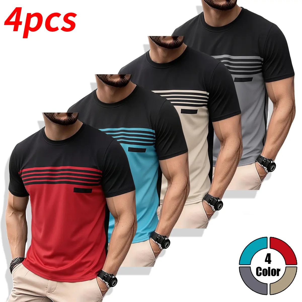 Men’s short-sleeve T-shirt – striped panel design, casual minimalist style, soft and comfortable fabric with versatile functionality, suitable for summer wear in various occasions.