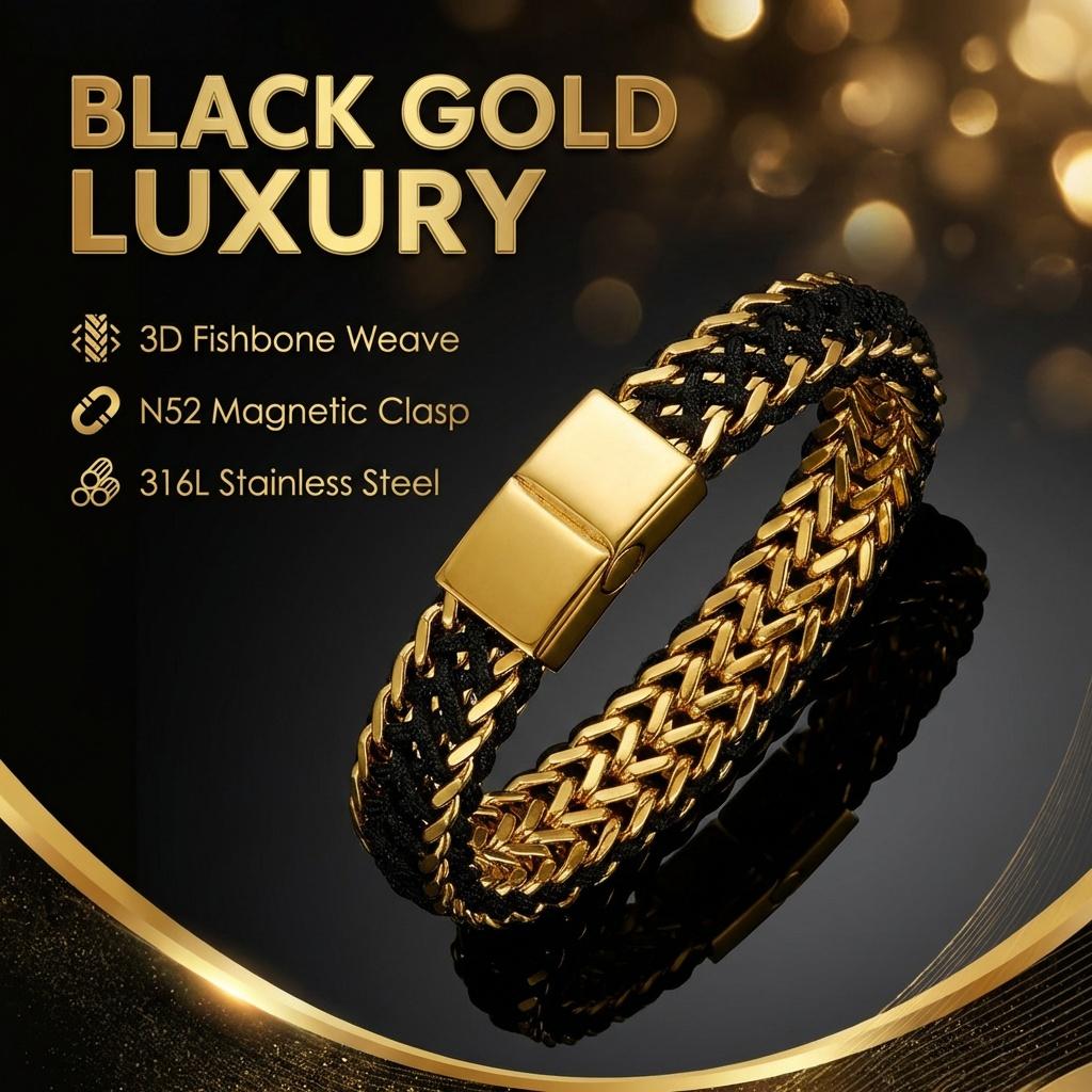 Mens Curb Chain，Stainless Steel Nylon Rope String Bracelets，Gold and Black Two-tone，Stainless Steel Clasp，Handmade Fashion Handmade Jewelry Gifts，Comes with a Gift Box