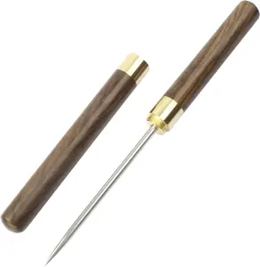 Stainless Steel Ice Pick, 9-in Portable Sturdy Pick Tool with Safety Cover, Non-slip Wooden Handle for Bar, Kitchen (M, Wood Color)