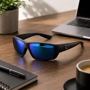 Costa Del Mar Polarized Sunglasses for Men Black Frame Blue Lens – UV400 Outdoor Fishing & Driving Shades