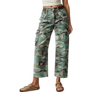 Flamingals Camo Print Flap Pocket Mid Rise Straight Leg Pants Womenswear Stretchy 26.4" Inseam