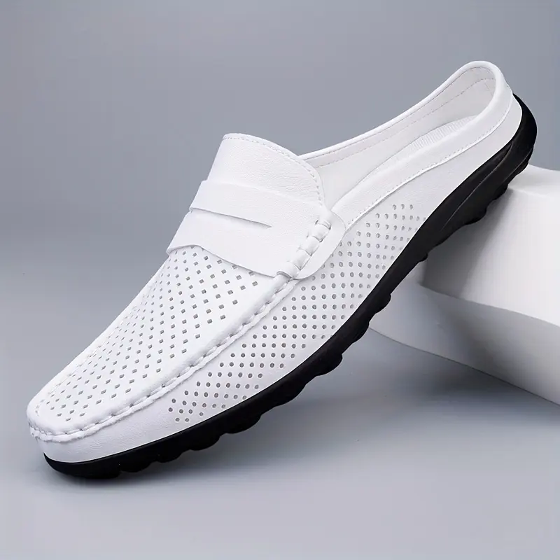 Men's Handmade Leather Slip-On Mules - Breathable Hollow Casual Soft Walking Shoes, Synthetic Superfiber Half-Slippers with Rubber Sole