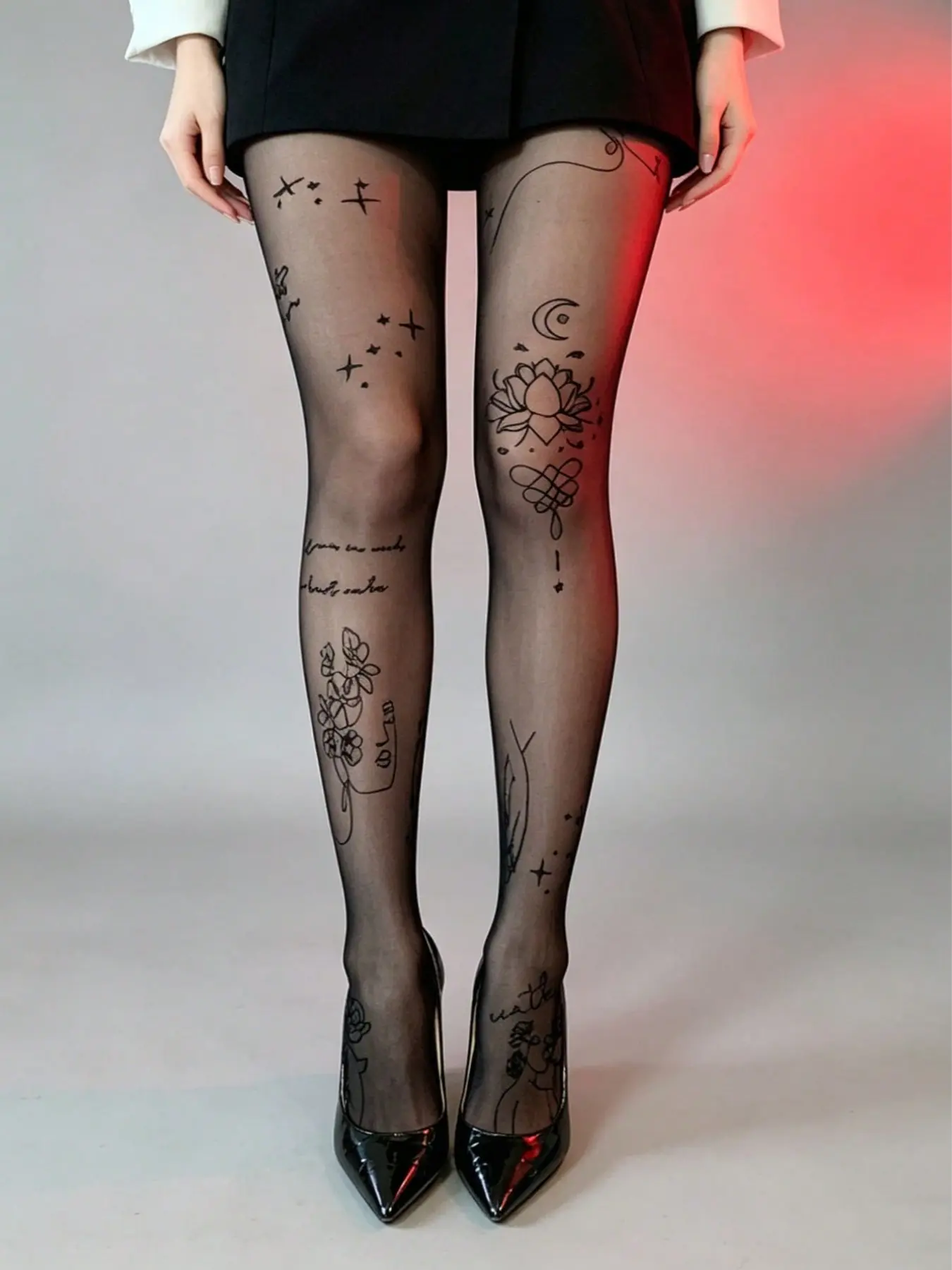 Dark Gothic Tattoo Print Sheer Pantyhose, Unique Pattern Fitted Knit Tights, Sexy Versatile Party Womenswear Stockings for All Seasons, Plain Design