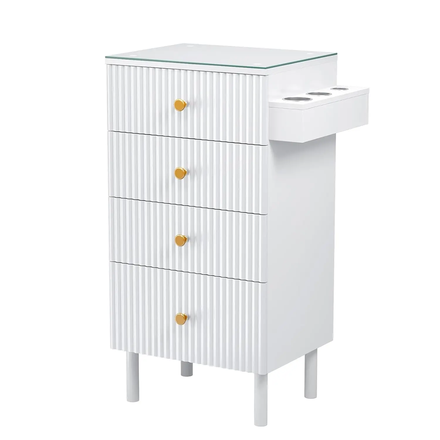 OmySalon Commercial Sturdy Wood Salon Barber Station Organizer - White Hair Storage Cabinet with Tempered Glass Top, 4 Drawers, 3 Heat-Resistant Adjustable Tool Holders for Stylists, Waveform Panel