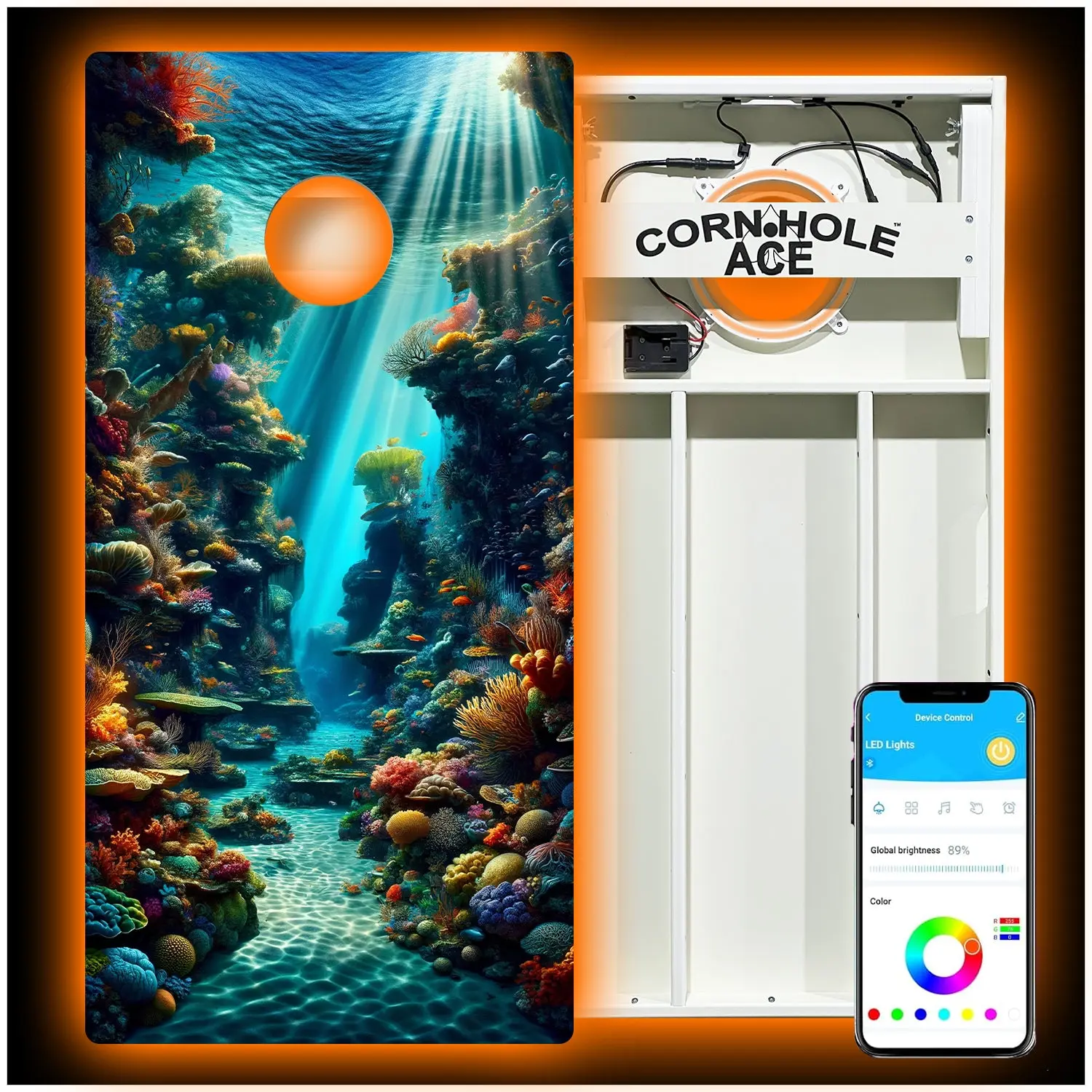 Coral Kingdom Ocean Art Full-Size Cornhole Board Set - All-Weather Waterproof Synthetic PVC, LED Lights for Night Play, Unisex for Backyard Parties, Double-Braced Frame Keeps Boards Steady, Default for Fishing Fans