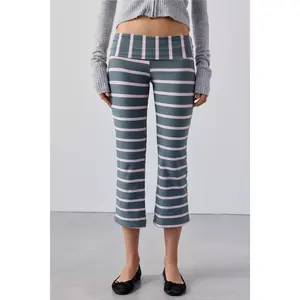 Womens Striped Pants Casual Low Rise Cropped Leggings Fashionable Dark Grey and Rose Horizontal Stripe Yoga Trousers for Daily Wear