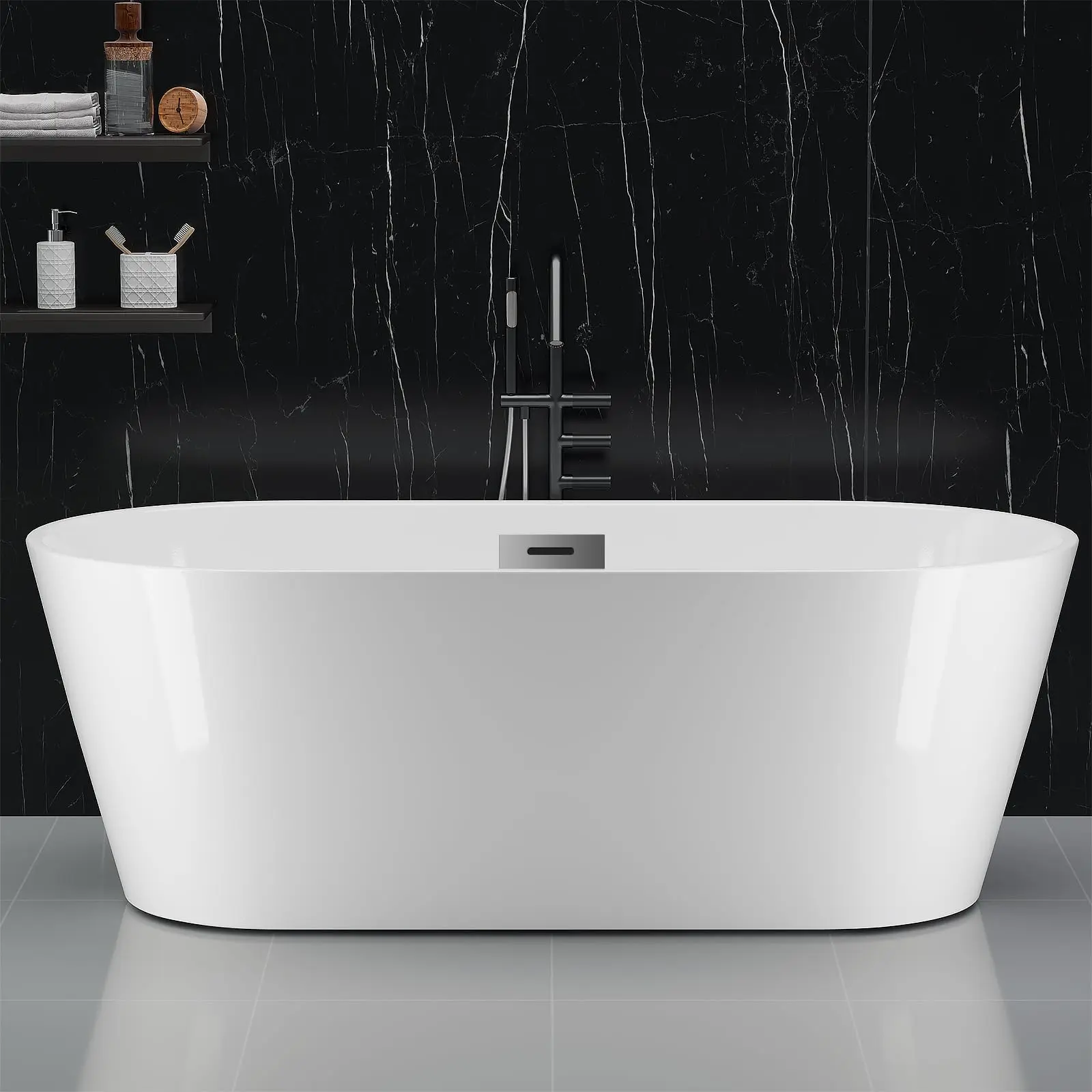 【GARVEE】59" Freestanding Acrylic Bathtub for Bathroom, Contemporary White Soaking Tub with Chrome Overflow and Drain, Marine Acrylic Material, cUPC Certified