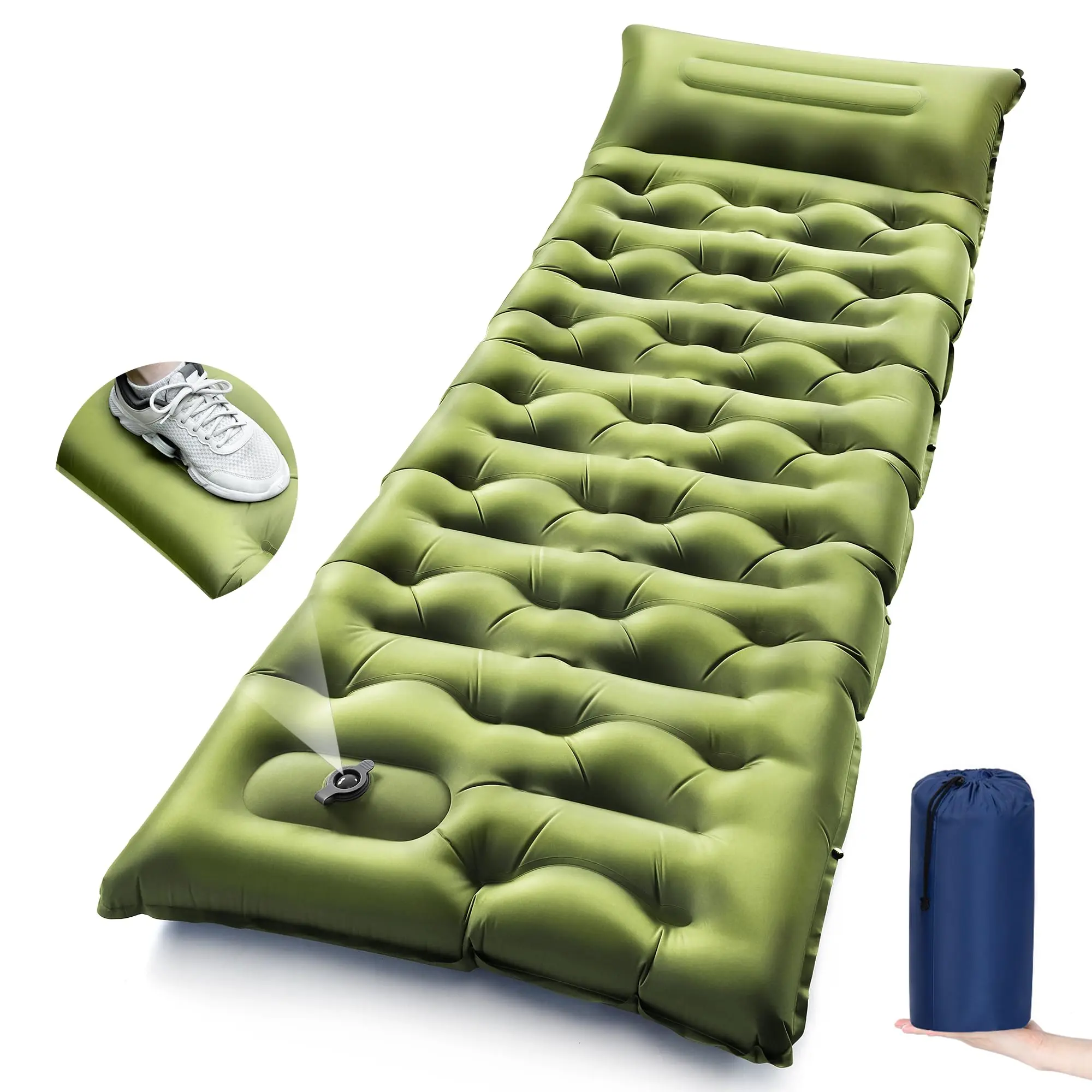 Camping Seeping Pad 5.9 Inch Thick Mat with Built in Pillow & Foot Pump Self Inflating Ultralight for Backpacking Tent Green
