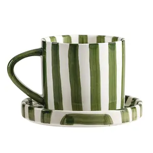 Retro Striped Hand-Painted Ceramic Mug Heat-Resistant Non-Slip for Hot Cold Beverages Milk Coffee Juice Latte Cocoa Cereal