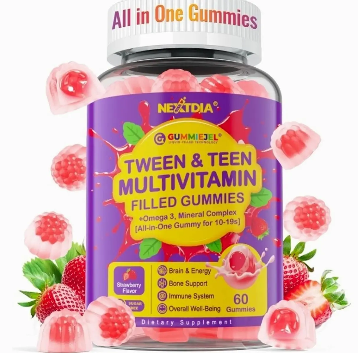 Multivitamin Filled Gummies for Teen Boys Girls 12-17, 18, 19, Kids 10+ Multivitamin with Omega 3, Calcium + Magnesium + Zinc, Multi-Minerals for Adolescent 10-19S Brain, Bone, Energy, Immune