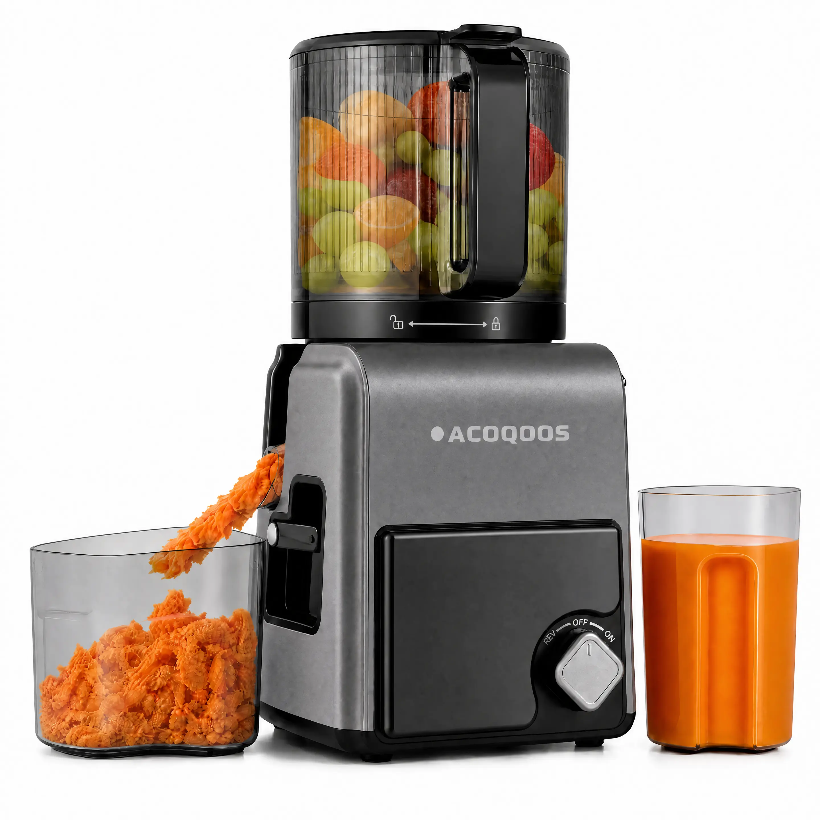 ACOQOOS Cold Pressed Juicer Machine - 6.5-in Wide Feed Chute, 3-in-1 Slow-Grinding Funnel, Whole Produce Compatible, High Yield, Easy Clean Dishwasher-Safe, BPA-Free Black Blender Machine for Kitchen Use