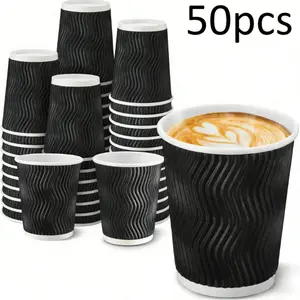 50 Pack Black Disposable Coffee Cups – Ripple Wall Insulated Hot Cups for Coffee, Tea & Beverages | Perfect for Office, Work, Guest & Party Serving