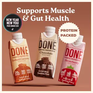 DONE Prebiotic Protein Drink - 20g Protein, 6g Fiber, No Added Sugar, Gluten-Free, Lactose-Free, Supports Muscle & Gut Health, Chocolate, Strawberry, Salted Caramel