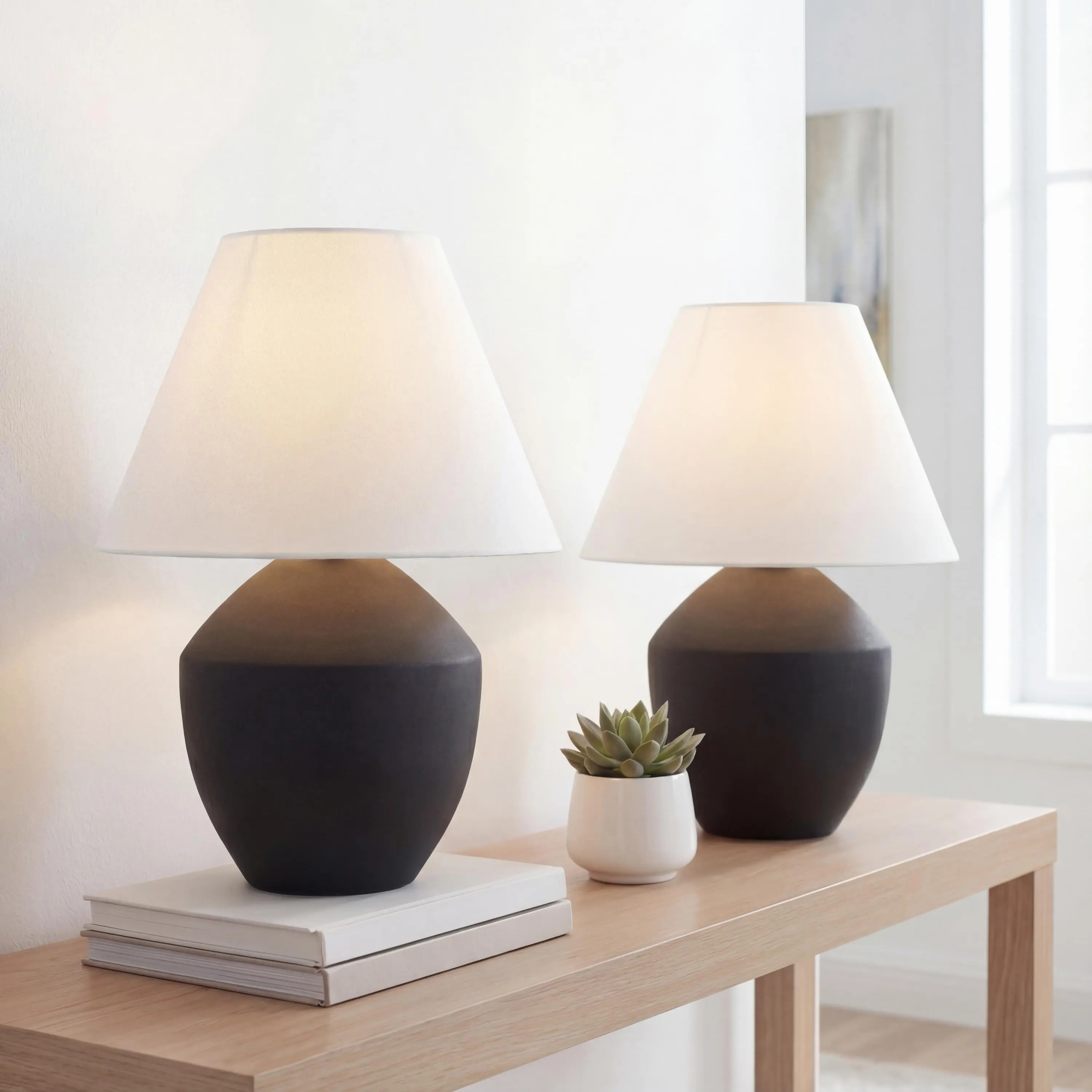 JONATHAN Y Ralf Scandinavian Resin Table Lamp 20.5", Set of 2 | White Linen Shade, LED Bulbs Included, Modern Minimalist Bedside Nightstand Light, Pot Shape, Metal Accents, Rotary Switch