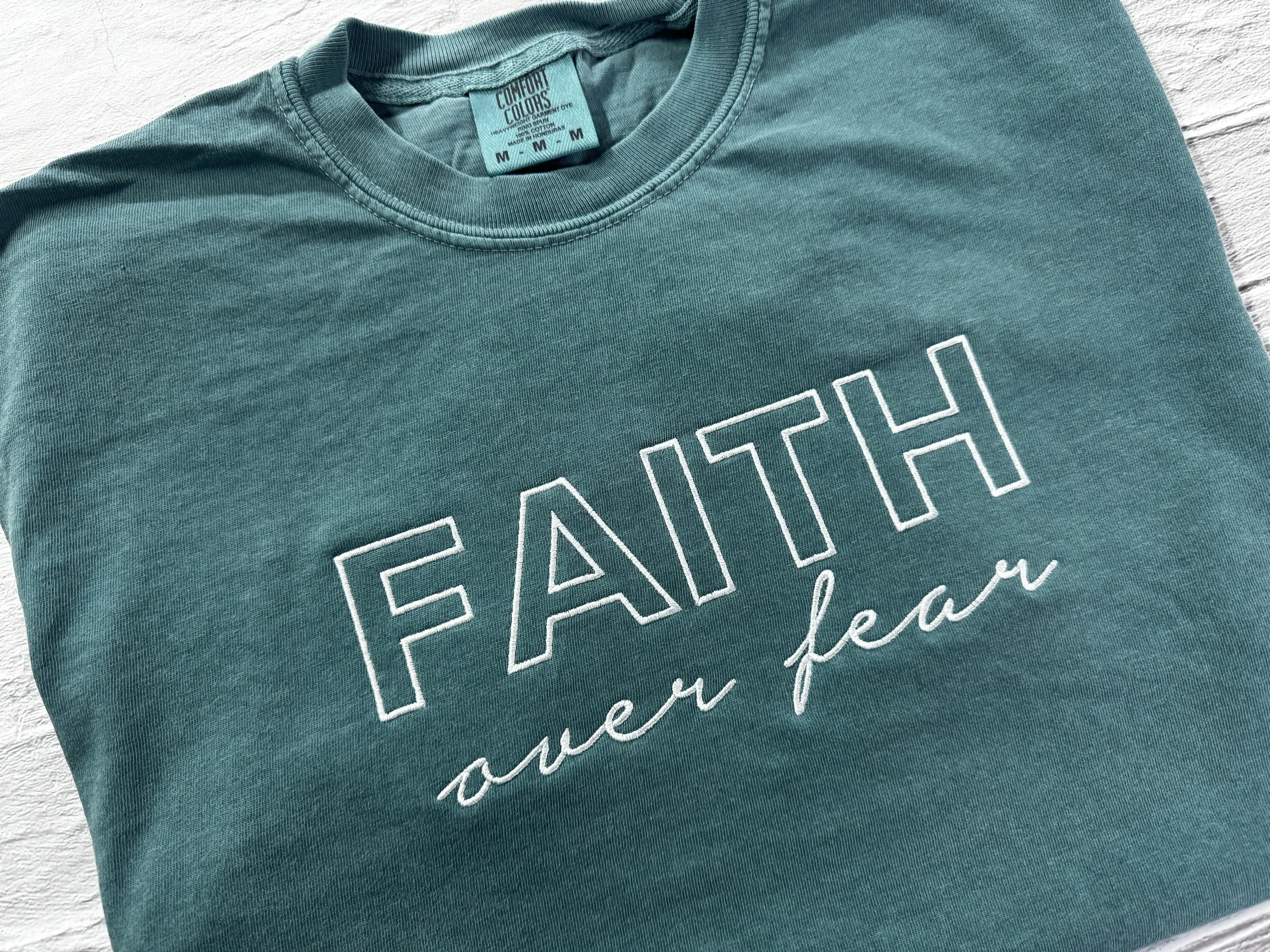 Embroidered Comfort Colors T-Shirt - "Faith Over Fear" Design, Customizable Thread Color Option