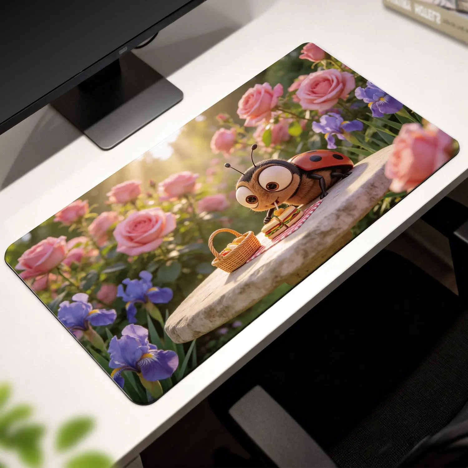 LIVEKEY Cute Ladybug Gaming Mouse Pad, 31.5x15.75in Large Desk Mat with Non-Slip Base, Reinforced Edges, Soft Surface & Floral Design for Laptops & Gaming, Gaming Mousepad