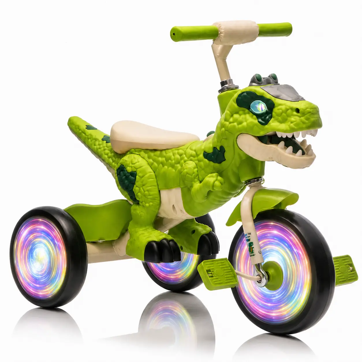 Kids Dinosaur Tricycle, Toddler Trike with LED Flash Wheels | Dinosaur Toddler Trike with EVA Flash Wheels, Storage Basket, Anti-Slip Pedals, Music and LED Lights for Fun Riding, Green